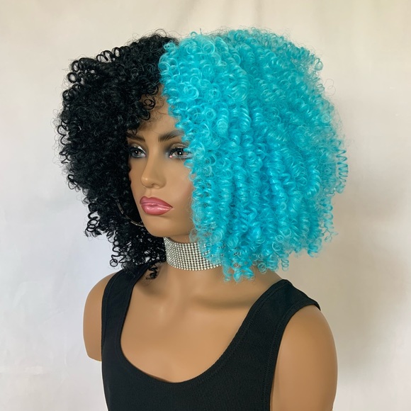 Curly Black & Pastel Blue Color Premium Fiber Wig for Events/Cosplay… - Picture 6 of 7
